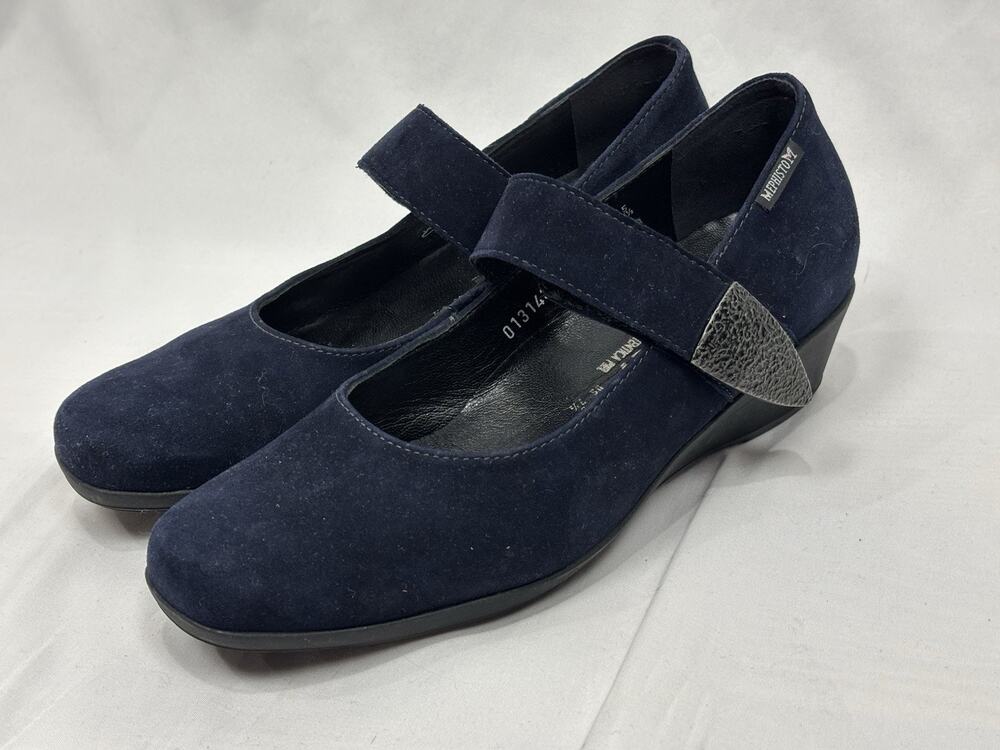 Mephisto Kimona Blue Suede Leather Wedge Mary Jane Metal Strap Shoes Sz US 7.5